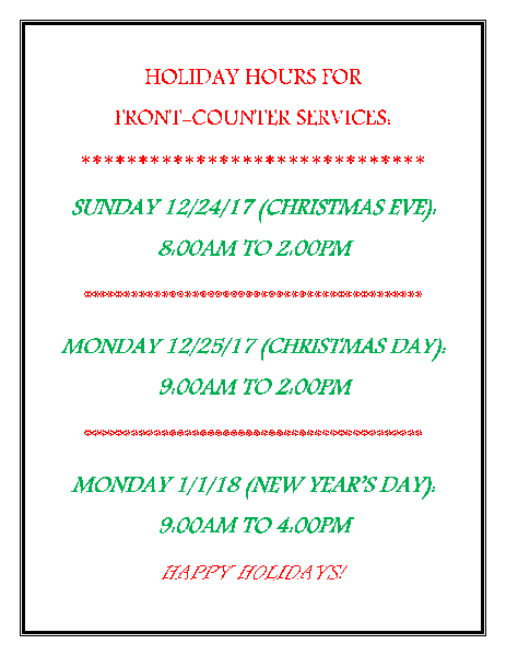 Front Counter 2017 Holiday Hours